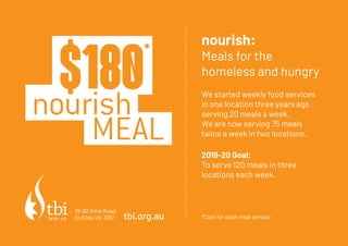 nourish:
Feeding Community
Spirit C Meals for the
homeless and hungry
We started weekly food services
in one location three years ago
serving 20 meals a week. We are
now serving 75 meals twice a week
in two locations.
2018-19 Goal:
To serve 120 meals in three
locations each week.
*Cost for each meal servicetbi.org.au
76-82 Alma Road,
St Kilda VIC 3182
MEAL
$180*
nourish
nourish:
Meals for the
homeless and hungry
We started weekly food services
in one location three years ago
serving 20 meals a week.
We are now serving 75 meals
twice a week in two locations.
2019-20 Goal:
To serve 120 meals in three
locations each week.
*Cost for each meal servicetbi.org.au
76-82 Alma Road,
St Kilda VIC 3182
MEAL
$180*
nourish
 