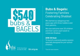 BAGELS
$540*
bubs &
Bubs & Bagels:
Fostering Families
Celebrating Shabbat
We started our playgroup two
years ago with three toddlers and
their parents.
We now welcome over 20 children
and their carers each week to
celebrate Shabbat.
2019-20 Goal:
To launch a second weekly session
specially designed for pre-school
children.
*Cost for each sessiontbi.org.au
76-82 Alma Road,
St Kilda VIC 3182
 
