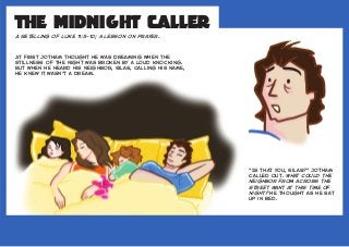 The Midnight Caller
A retelling of Luke 11:5–10; a lesson on prayer.
At first Jotham thought he was dreaming when the
stillness of the night was broken by a loud knocking.
But when he heard his neighbor, Silas, calling his name,
he knew it wasn’t a dream.
“Is that you, Silas?” Jotham
called out. What could the
neighbor from across the
street want at this time of
night? he thought as he sat
up in bed.
 