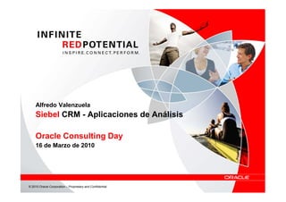 Alfredo Valenzuela
    Siebel CRM - Aplicaciones de Análisis

    Oracle Consulting Day
    16 de Marzo de 2010




© 2010 Oracle Corporation – Proprietary and Confidential
 