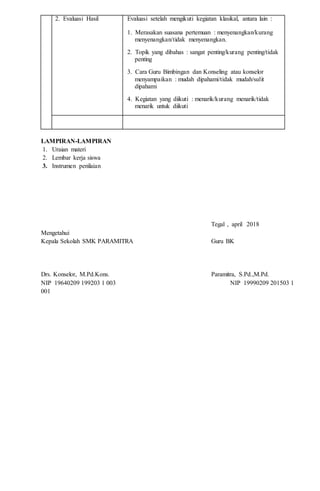 2. Evaluasi Hasil Evaluasi setelah mengikuti kegiatan klasikal, antara lain :
1. Merasakan suasana pertemuan : menyenangkan/kurang
menyenangkan/tidak menyenangkan.
2. Topik yang dibahas : sangat penting/kurang penting/tidak
penting
3. Cara Guru Bimbingan dan Konseling atau konselor
menyampaikan : mudah dipahami/tidak mudah/sulit
dipahami
4. Kegiatan yang diikuti : menarik/kurang menarik/tidak
menarik untuk diikuti
LAMPIRAN-LAMPIRAN
1. Uraian materi
2. Lembar kerja siswa
3. Instrumen penilaian
Tegal , april 2018
Mengetahui
Kepala Sekolah SMK PARAMITRA Guru BK
Drs. Konselor, M.Pd.Kons. Paramitra, S.Pd.,M.Pd.
NIP 19640209 199203 1 003 NIP 19990209 201503 1
001
 