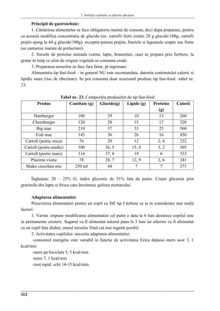 5. Nutriţia copilului cu diferite afecţiuni
112
Principii de gastrotehnie:
1. Cântǎrirea alimentelor se face obligatoriu inainte de consum, deci dupa preparare, pentru
ca aceasta modifica concentratia de glucide (ex. cartofii fierti contin 20 g glucide/100g, cartofii
prajiti ajung la 44 g glucide/100g). exceptie-painea prajita, fructele si legumele coapte sau fierte
(se cantaresc inainte de prelucrare).
2. Sursele de proteine animale (carne, lapte, branzeturi, oua) se prepara prin fierbere, la
gratar in timp ce alim de origine vegetala se consuma crude.
3. Prepararea sosurilor se face fara faina. pt ingrosare.
Alimentatia tip fast-food – in general NU este recomandata, datorita continutului caloric si
lipidic mare (risc de obezitate). Se pot consuma doar ocazional produse tip fast-food –tabel nr.
23.
Tabel nr. 23. Compoziţia produselor de tip fast-food
Produs Cantitate (g) Glucide(g) Lipide (g) Proteine
(g)
Calorii
Hamburger 100 29 10 13 260
Cheesburger 120 28 15 17 320
Big mac 210 37 33 25 560
Fish mac 145 36 26 16 450
Cartofi (portie mica) 76 29 12 2, 4 232
Cartofi (portie medie) 100 36, 5 15, 8 3, 2 305
Cartofi (portie mare) 116 37, 8 19 6 333
Placinta visine 78 28, 7 12, 9 2, 6 241
Shake ciocolata mic 250 ml 44 7 7 271
Îngheţata: 20 – 25% G, index glicemic de 51% fata de paine. Creşte glicemia prin
grasimile din lapte si frisca care încetinesc golirea stomacului.
Adaptarea alimentatiei:
Prescrierea alimentatiei pentru un copil cu DZ tip I trebuie sa ia in considerare mai mulţi
factori:
1. Varsta: impune modificarea alimentatiei cel putin o data la 6 luni deoarece copilul este
in permanenta crestere. Sugarul va fi alimentat natural pana la 3 luni iar ulterior va fi alimentat
ca un copil fara diabet, orarul meselor fiind cat mai regulat posibil.
2. Activitatea copilului- necesita adaptarea alimentatiei:
-consumul energetic este variabil in functie de activitatea fizica depusa:-mers usor 3, 1
kcal/min
-mers pe bicicleta 5, 5 kcal/min
-tenis 7, 1 kcal/min
-inot rapid, schi 14-15 kcal/min.
 