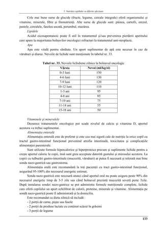5. Nutriţia copilului cu diferite afecţiuni
133
Cele mai bune surse de glucide (fructe, legume, cereale integrale) oferă organismului şi
vitamine, minerale, fibre şi fitonutrienţi. Alte surse de glucide sunt: pâinea, cartofii, orezul,
pastele, cerealele, fasolea uscată, porumbul, mazărea.
Lipidele
Acidul eicosapentanoic poate fi util în tratamentul şi/sau prevenirea pierderii apetitului
care apare la majoritatea bolnavilor oncologici refractari la tratamentul anti-neoplazic.
Apa
Apa este vitală pentru sănătate. Un aport suplimentar de apǎ este necesar în caz de
vărsături şi diaree. Nevoile de lichide sunt menţionate în tabelul nr. 33.
Tabel nr. 33. Nevoile lichidiene zilnice la bolnavul oncologic
Vârsta Nevoi (ml/kg/zi)
0-3 luni 150
4-6 luni 130
7-9 luni 120
10-12 luni 110
1-3 ani 95
4-6 ani 85
7-10 ani 75
11-14 ani 55
15-18 ani 50
Vitaminele şi mineralele
Deoarece tratamentele oncologice pot scade nivelul de calciu şi vitamina D, aportul
acestora va trebui suplimentat.
Alimentaţia enterală
Alimentaţia enterală este de preferat şi este cea mai sigură cale de nutriţie la orice copil cu
tractul gastro-intestinal funcţional prevenind atrofia intestinală, toxicitatea şi complicaţiile
alimentaţiei parenterale.
Sunt utilizate formule hipercalorice şi hiperproteice precum şi suplimente lichide pentru a
creşte aportul caloric la copii, însă sunt greu acceptate datorită gustului şi mirosului acestora. La
copiii cu tulburări gastro-intestinale (mucozită, vărsături) ar putea fi necesară şi tolerată mai bine
sonda nazo-gastrică sau gastrostoma.
Alimentaţia orală este recomandatǎ la toţi pacienţii cu tract gastro-intestinal funcţional,
asigurând 95-100% din necesarul energetic estimat;
Sonda nazo-gastrică este necesară atunci când aportul oral nu poate asigura peste 90% din
necesarul energetic timp de 3-5 zile sau când bolnavul prezintǎ mucozitǎ severă peste 3zile.
După instalarea sondei nazo-gastrice se pot administra formule nutriţionale complete, lichide
care oferǎ copilului un aport echilibrat de calorii, proteine, minerale şi vitamine. Alimentaţia pe
sondă nazo-gastrică poate fi administrată şi la domiciliu.
Este recomandat ca dieta zilnică să includă :
- 2 porţii de carne, peşte sau fasole
- 2 porţii de produse lactate cu conţinut scăzut în grăsimi
- 3 porţii de legume
 
