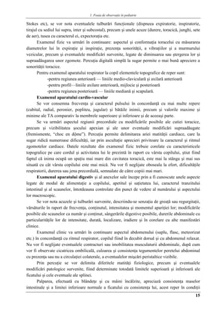 1. Foaia de observaţie în pediatrie
15
Stokes etc), se vor nota eventualele tulburări funcţionale (dispneea expiratorie, inspiratorie,
tirajul cu sediul lui supra, inter şi subcostal), precum şi unele acuze (durere, toracică, junghi, sete
de aer), tusea cu caracterul ei, expectoraţia etc.
Examenul fizic va urmări în continuare: aspectul şi conformaţia toracelui cu măsurarea
diametrelor lui în expiraţie şi inspiraţie, prezenţa sonorităţii, a vibraţiilor şi a murmurului
vezicular, precum şi eventualele modificări survenite, legate de diminuarea sau ştergerea lor şi
supraadăugarea unor zgomote. Percuţia digitală simplă la sugar permite o mai bună apreciere a
sonorităţii toracice.
Pentru examenul aparatului respirator la copil elementele topografice de reper sunt:
-pentru regiunea anterioară — liniile medio-claviculară şi axilară anterioară
-pentru profil—liniile axilare anterioară, mijlocie şi posterioară
-pentru regiunea posterioară — liniile mediană şi scapulară.
Examenul aparatului cardio-vascular
Se vor consemna frecvenţa şi caracterul pulsului în concordanţă cu mai multe repere
(cubital, radial, peronier, popliteu, jugular) şi bătăile inimii, precum şi valorile maxime şi
minime ale TA comparativ la membrele superioare şi inferioare şi de aceeaşi parte.
Se va urmări aspectul regiunii precordiale cu modificările posibile ale cutiei toracice,
precum şi vizibilitatea şocului apexian şi ale unor eventuale modificări supraadăugate
(fremismente, “choc en dộme”). Percuţia permite delimitarea ariei matităţii cardiace, care la
sugar ridică numeroase dificultăţi, iar prin ascultaţie aprecieri privitoare la caracterul şi ritmul
zgomotelor cardiace. Datele rezultate din examenul fizic trebuie corelate cu caracteristicele
topogralice pe care cordul şi activitatea lui le prezintă în raport cu vârsta copilului, ştiut fiind
faptul că inima ocupă un spaţiu mai mare din cavitatea toracică, este mai la stânga şi mai sus
situată cu cât vârsta copilului este mai mică. Nu vor fi neglijate oboseala la efort, dificultăţile
respiratorii, durerea sau jena precordială, semnalate de către copiii mai mari.
Examenul aparatului digestiv şi al anexelor sale începe prin a fi cunoscute unele aspecte
legate de modul de alimentaţie a copilului, apetitul şi saţietatea lui, caracterul tranzitului
intestinal şi al scaunelor, întotdeauna controlate din punct de vedere al numărului şi aspectului
lor macroscopic.
Se vor nota acuzele şi tulburări survenite, descriindu-se senzaţia de greaţă sau regurgitaţii,
vărsăturile în raport de frecvenţa, conţinutul, intensitatea şi momentul apariţiei lor; modificările
posibile ale scaunelor ca număr şi conţinut, sângerările digestive posibile, durerile abdominale cu
particularităţile lor de intensitate, durată, localizare, iradiere şi în corelare cu alte manifestări
clinice.
Examenul clinic va urmări în continuare aspectul abdomenului (suplu, flasc, meteorizat
etc.) în concordanţă cu ritmul respirator, copilul fiind în decubit dorsal şi cu abdomenul relaxat.
Nu vor fi neglijate eventualele contracturi sau imobilitatea musculaturii abdominale, după cum
vor fi observate cicatricea ombilicală, culoarea şi consistenţa tegumentelor peretelui abdominal
cu prezenţa sau nu a circulaţiei colaterale, a eventualelor mişcări peristaltice vizibile.
Prin percuţie se vor delimita diferitele matităţi fiziologice, precum şi eventualele
modificări patologice survenite, fiind determinate totodată limitele superioară şi inferioară ale
ficatului şi cele eventuale ale splinei.
Palparea, efectuată cu blândeţe şi cu mâini încălzite, apreciază consistenţa maselor
intestinale şi a limitei inferioare normale a ficatului cu consistenţa lui, acest reper în condiţii
 