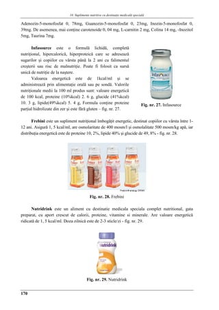 10. Suplimente nutritive cu destinaţie medicalǎ specialǎ
170
Adenozin-5-monofosfat 0, 78mg, Guanozin-5-monofosfat 0, 23mg, Inozin-5-monofosfat 0,
39mg. De asemenea, mai conţine carotenoide 0, 04 mg, L-carnitin 2 mg, Colina 14 mg, -Inozitol
5mg, Taurina 7mg.
Infasource este o formulă lichidă, completă
nutriţional, hipercalorică, hiperproteică care se adresează
sugarilor şi copiilor cu vârsta până la 2 ani cu falimentul
creşterii sau risc de malnutriţie. Poate fi folosit ca sursă
unică de nutriţie de la naştere.
Valoarea energetică este de 1kcal/ml şi se
administrează prin alimentaţie orală sau pe sondă. Valorile
nutriţionale medii la 100 ml produs sunt: valoare energetică
de 100 kcal, proteine (10%kcal) 2. 6 g, glucide (41%kcal)
10. 3 g, lipide(49%kcal) 5. 4 g, Formula conţine proteine
parţial hidrolizate din zer şi este fără gluten – fig. nr. 27.
Frebini este un supliment nutriţional îmbogăţit energetic, destinat copiilor cu vârsta între 1-
12 ani. Asigură 1, 5 kcal/ml, are osmolaritate de 400 mosm/l şi osmolalitate 500 mosm/kg apă, iar
distribuţia energetică este de proteine 10, 2%, lipide 40% şi glucide de 49, 8% - fig. nr. 28.
Fig. nr. 28. Frebini
Nutridrink este un aliment cu destinatie medicala speciala complet nutritional, gata
preparat, cu aport crescut de calorii, proteine, vitamine si minerale. Are valoare energetică
ridicată de 1, 5 kcal/ml. Doza zilnică este de 2-3 sticle/zi - fig. nr. 29.
Fig. nr. 29. Nutridrink
Fig. nr. 27. Infasource
 