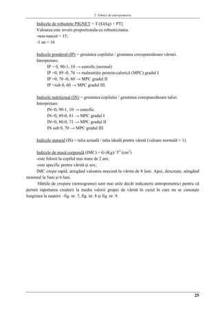 2. Tehnici de antropometrie
25
Indicele de robustete PIGNET = T-[G(kg) + PT]
Valoarea este invers proportionala cu robusticitatea.
-nou-nascut = 15;
-1 an = 16
Indicele ponderal (IP) = greutatea copilului / greutatea corespunzătoare vârstei.
Interpretare:
IP = 0, 90-1, 10 → eutrofic (normal)
IP =0, 89 -0, 76 → malnutriţie protein-calorică (MPC) gradul I
IP =0, 76 -0, 60 → MPC gradul II
IP =sub 0, 60 → MPC gradul III.
Indicele nutriţional (IN) = greutatea copilului / greutatea corespunzătoare taliei.
Interpretare:
IN=0, 90-1, 10 → eutrofic
IN=0, 89-0, 81 → MPC gradul I
IN=0, 80-0, 71 → MPC gradul II
IN sub 0, 70 → MPC gradul III.
Indicele statural (IS) = talia actuală / talia ideală pentru vârstă (valoare normalǎ = 1).
Indicele de masǎ corporalǎ (IMC) = G (Kg)/ T2
(cm2
)
-este folosit la copilul mai mare de 2 ani;
-este specific pentru vârstǎ şi sex;
IMC creşte rapid, atingând valoarea maximǎ la vârsta de 8 luni. Apoi, descreşte, atingând
minimul la 5ani şi 6 luni.
Hǎrţile de creştere (nomograme) sunt mai utile decât indicatorii antropometrici pentru cǎ
permit raportarea creşterii la media valorii grupei de vârstǎ în cazul în care nu se cunoaşte
lungimea la naştere –fig. nr. 7, fig. nr. 8 şi fig. nr. 9.
 