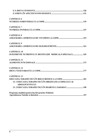 6
5. 5. DIETA CETOGENǍ.................................................................................................128
5. 6 DIETA ÎN AFECŢIUNI ONCOLOGICE ................................................................ 131
CAPITOLUL 6
NUTRIŢIA PARENTERALǍ LA COPIL.............................................................................139
CAPITOLUL 7
NUTRIŢIA ENTERALǍ LA COPIL ..................................................................................... 147
CAPITOLUL 8
ASIGURAREA APORTULUI DE VITAMINE LA COPIL................................................153
CAPITOLUL 9
ASIGURAREA APORTULUI DE OLIGOELEMENTE..................................................... 161
CAPITOLUL 10
SUPLIMENTE NUTRITIVE CU DESTINAŢIE MEDICALǍ SPECIALǍ..................... 169
CAPITOLUL 11
ALIMENTE FUNCŢIONALE ................................................................................................ 173
CAPITOLUL 12
DIETA VEGETARIANǍ LA COPIL..................................................................................... 177
CAPITOLUL 13
EDUCAŢIA TERAPEUTICǍ ÎN BOLI CRONICE LA COPIL.........................................181
13. 1 EDUCAŢIA TERAPEUTICǍ ÎN OBEZITATEA COPILULUI ŞI
ADOLESCENTULUI
13. 2 EDUCAŢIA TERAPEUTICǍ ÎN DIABETUL ZAHARAT.................................190
Programa analitică pentru lucrări practice Pediatrie
-Specializarea Nutriţie si dietetică-.......................................................................................... 197
 