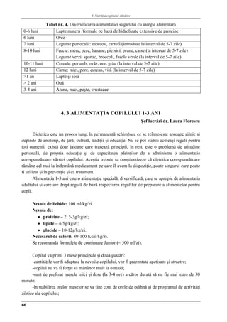 4. Nutriţia copilului sǎnǎtos
66
Tabel nr. 4. Diversificarea alimentaţiei sugarului cu alergie alimentară
0-6 luni Lapte matern /formule pe bază de hidrolizate extensive de proteine
6 luni Orez
7 luni Legume portocalii: morcov, cartofi (introduse la interval de 5-7 zile)
8-10 luni Fructe: mere, pere, banane, piersici, prune, caise (la interval de 5-7 zile)
Legume verzi: spanac, broccoli, fasole verde (la interval de 5-7 zile)
10-11 luni Cereale: porumb, ovăz, orz, grâu (la interval de 5-7 zile)
12 luni Carne: miel, porc, curcan, vită (la interval de 5-7 zile)
>1 an Lapte şi soia
> 2 ani Ouă
3-4 ani Alune, nuci, peşte, crustacee
4. 3 ALIMENTAŢIA COPILULUI 1-3 ANI
Şef lucrǎri dr. Laura Florescu
Dietetica este un proces lung, în permanentă schimbare ce se reînnoieşte aproape zilnic şi
depinde de anotimp, de ţară, cultură, tradiţii şi educaţie. Nu se pot stabili aceleaşi reguli pentru
toţi oamenii, există doar jaloane care trasează principii, în rest, este o problemă de atitudine
personală, de propria educaţie şi de capacitatea părinţilor de a administra o alimentaţie
corespunzătoare vârstei copilului. Aceştia trebuie sa conştientizeze că dietetica corespunzătoare
rămâne cel mai la îndemână medicament pe care îl avem la dispoziţie, poate singurul care poate
fi utilizat şi în prevenţie şi ca tratament.
Alimentaţia 1-3 ani este o alimentaţie specială, diversificată, care se apropie de alimentaţia
adultului şi care are drept regulă de bază respectarea regulilor de preparare a alimentelor pentru
copii.
Nevoia de lichide: 100 ml/kg/zi.
Nevoia de:
 proteine – 2, 5-3g/kg/zi;
 lipide – 4-5g/kg/zi;
 glucide – 10-12g/kg/zi.
Necesarul de calorii: 80-100 Kcal/kg/zi.
Se recomandă formulele de continuare Junior (~ 500 ml/zi).
Copilul va primi 3 mese principale şi două gustări:
-cantităţile vor fi adaptate la nevoile copilului, vor fi prezentate apetisant şi atractiv;
-copilul nu va fi forţat să mănânce mult la o masă;
-sunt de preferat mesele mici şi dese (la 3-4 ore) a căror durată să nu fie mai mare de 30
minute;
-în stabilirea orelor meselor se va ţine cont de orele de odihnă şi de programul de activităţi
zilnice ale copilului;
 