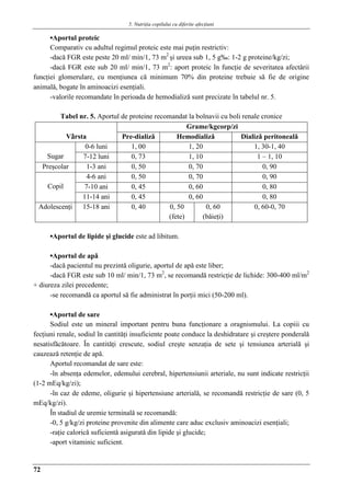 5. Nutriţia copilului cu diferite afecţiuni
72
▪Aportul proteic
Comparativ cu adultul regimul proteic este mai puţin restrictiv:
-dacǎ FGR este peste 20 ml/ min/1, 73 m2
şi ureea sub 1, 5 g‰: 1-2 g proteine/kg/zi;
-dacǎ FGR este sub 20 ml/ min/1, 73 m2
: aport proteic în funcţie de severitatea afectǎrii
funcţiei glomerulare, cu menţiunea cǎ minimum 70% din proteine trebuie sǎ fie de origine
animalǎ, bogate în aminoacizi esenţiali.
-valorile recomandate în perioada de hemodializǎ sunt precizate în tabelul nr. 5.
Tabel nr. 5. Aportul de proteine recomandat la bolnavii cu boli renale cronice
Vârsta
Grame/kgcorp/zi
Pre-dializǎ Hemodializǎ Dializǎ peritonealǎ
Sugar
0-6 luni 1, 00 1, 20 1, 30-1, 40
7-12 luni 0, 73 1, 10 1 – 1, 10
Preşcolar 1-3 ani 0, 50 0, 70 0, 90
Copil
4-6 ani 0, 50 0, 70 0, 90
7-10 ani 0, 45 0, 60 0, 80
11-14 ani 0, 45 0, 60 0, 80
Adolescenţi 15-18 ani 0, 40 0, 50
(fete)
0, 60
(bǎieţi)
0, 60-0, 70
▪Aportul de lipide şi glucide este ad libitum.
▪Aportul de apǎ
-dacǎ pacientul nu prezintǎ oligurie, aportul de apǎ este liber;
-dacǎ FGR este sub 10 ml/ min/1, 73 m2
, se recomandǎ restricţie de lichide: 300-400 ml/m2
+ diureza zilei precedente;
-se recomandǎ ca aportul sǎ fie administrat în porţii mici (50-200 ml).
▪Aportul de sare
Sodiul este un mineral important pentru buna funcţionare a oragnismului. La copiii cu
fecţiuni renale, sodiul în cantitǎţi insuficiente poate conduce la deshidratare şi creştere ponderalǎ
nesatisfǎcǎtoare. În cantitǎţi crescute, sodiul creşte senzaţia de sete şi tensiunea arterialǎ şi
cauzeazǎ retenţie de apǎ.
Aportul recomandat de sare este:
-în absenţa edemelor, edemului cerebral, hipertensiunii arteriale, nu sunt indicate restricţii
(1-2 mEq/kg/zi);
-în caz de edeme, oligurie şi hipertensiune arterialǎ, se recomandǎ restricţie de sare (0, 5
mEq/kg/zi).
În stadiul de uremie terminalǎ se recomandǎ:
-0, 5 g/kg/zi proteine provenite din alimente care aduc exclusiv aminoacizi esenţiali;
-raţie caloricǎ suficientǎ asiguratǎ din lipide şi glucide;
-aport vitaminic suficient.
 