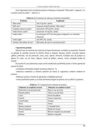 5. Nutriţia copilului cu diferite afecţiuni
73
Este importantǎ citirea etichetelor pentru a înţelege ce înseamnǎ “fǎrǎ sodiu”, respectiv “cu
conţinut scǎzut în sodiu” – tabel nr. 6.
Tabel nr. 6. Cantitatea de sodiu pe etichetele alimentelor
Eticheta Explicaţie
“fǎrǎ sodiu” sub 5 mg Na / porţie
“fǎrǎ sare” respectǎ cerinţele pentru “fǎrǎ sodiu”
“conţinut scǎzut în sodiu” maximum 140 mg Na / porţie
“sodiu foarte scǎzut” maximum 35 mg Na / porţie
“sodiu redus” cu minimum 25% Na mai puţin comparativ cu versiunea
obişnuitǎ
“sodiu light” sub 50% Na / porţie
“nesǎrat, fǎrǎ adaus de sare” fǎrǎ adaus de sare în cursul procesǎrii
▪Aportul de potasiu
Potasiul este un mineral care intervine în buna funcţionare a cordului şi muşchilor. Potasiul
se gǎseşte în cantitǎţi crescute în diferite fructe şi legume: banane, cartofi, avocado, pepene
galben, portocale, suc de portocale, caise, roşii, spanac, broccoli. Cantitǎţi mici de potasiu se
gǎsesc în: mere, suc de mere, cǎpşuni, fructe de pǎdure, ananas, varzǎ, conopidǎ, boabe de
muştar.
În cazurile în care potasemia creşte existǎ urmǎtoarele posibilitǎţi pentru a limita aportul de
potasiu în dietǎ:
-excluderea alimentelor bogate în potasiu (tabel nr. 7);
-reducerea numǎrului şi mǎrimii porţiilor de fructe şi vegetalecu conţinut moderat în
potasiu;
-fierberea roşiilor şi fasolei în apǎ pentru a îndepǎrta potasiul;
-citirea etichetelor pentru a exclude alimentele bogate în potasiu sau cu aditivi cu potasiu.
Tabel nr. 7. Conţinutul unor alimente în potasiu
Alimente cu conţinut crescut Alimente cu conţinut scǎzut
Portocale şi suc de portocale Mere şi suc de mere
Pepene galben Afine şi suc de afine
Caise Fructe de pǎdure
Cartofi Fructe conservate
Cartofi dulci Ananas
Roşii Varzǎ
Spanac preparat Conopidǎ fiartǎ
Brocoli preparat Boabe de muştar
Fasole Brocoli congelat sau proaspǎt
Banane Mazǎre congelatǎ
 