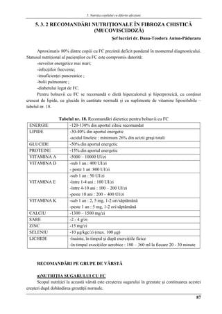 5. Nutriţia copilului cu diferite afecţiuni
87
5. 3. 2 RECOMANDĂRI NUTRIŢIONALE ÎN FIBROZA CHISTICĂ
(MUCOVISCIDOZĂ)
Şef lucrări dr. Dana-Teodora Anton-Păduraru
Aproximativ 80% dintre copiii cu FC prezintă deficit ponderal în momentul diagnosticului.
Statusul nutriţional al pacienţilor cu FC este compromis datorită:
-nevoilor energetice mai mari;
-infecţiilor frecvente;
-insuficienţei pancreatice ;
-bolii pulmonare ;
-diabetului legat de FC.
Pentru bolnavii cu FC se recomandă o dietă hipercalorică şi hiperproteică, cu conţinut
crescut de lipide, cu glucide în cantitate normală şi cu suplimente de vitamine liposolubile –
tabelul nr. 18.
Tabelul nr. 18. Recomandări dietetice pentru bolnavii cu FC
ENERGIE -120-130% din aportul zilnic recomandat
LIPIDE -30-40% din aportul energetic
-acidul linoleic : minimum 26% din acizii graşi totali
GLUCIDE -50% din aportul energetic
PROTEINE -15% din aportul energetic
VITAMINA A -5000 – 10000 UI/zi
VITAMINA D -sub 1 an : 400 UI/zi
- peste 1 an :800 UI/zi
VITAMINA E
-sub 1 an : 50 UI/zi
-între 1-4 ani : 100 UI/zi
-între 4-10 ani : 100 – 200 UI/zi
-peste 10 ani : 200 – 400 UI/zi
VITAMINA K -sub 1 an : 2, 5 mg, 1-2 ori/săptămână
-peste 1 an : 5 mg, 1-2 ori/săptămână
CALCIU -1300 – 1500 mg/zi
SARE -2 - 4 g/zi
ZINC -15 mg/zi
SELENIU -10 μg/kgc/zi (max. 100 μg)
LICHIDE -înainte, în timpul şi după exerciţiile fizice
-în timpul execiţiilor aerobice : 180 – 360 ml la fiecare 20 - 30 minute
RECOMANDĂRI PE GRUPE DE VÂRSTĂ
a)NUTRIŢIA SUGARULUI CU FC
Scopul nutriţiei la această vârstă este creşterea sugarului în greutate şi continuarea acestei
creşteri după dobândirea greutăţii normale.
 