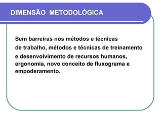 DIMENSÃO METODOLÓGICA
Sem barreiras nos métodos e técnicas
de trabalho, métodos e técnicas de treinamento
e desenvolvimento de recursos humanos,
ergonomia, novo conceito de fluxograma e
empoderamento.
 