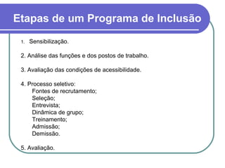 Etapas de um Programa de Inclusão
1. Sensibilização.
2. Análise das funções e dos postos de trabalho.
3. Avaliação das condições de acessibilidade.
4. Processo seletivo:
Fontes de recrutamento;
Seleção;
Entrevista;
Dinâmica de grupo;
Treinamento;
Admissão;
Demissão.
5. Avaliação.
 
