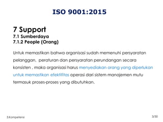 3/30
3.Kompetensi
ISO 9001:2015
7 Support
7.1 Sumberdaya
7.1.2 People (Orang)
Untuk memastikan bahwa organisasi sudah memenuhi persyaratan
pelanggan, peraturan dan persyaratan perundangan secara
konsisten , maka organisasi harus menyediakan orang yang diperlukan
untuk memastikan efektifitas operasi dari sistem manajemen mutu
termasuk proses-proses yang dibutuhkan.
 
