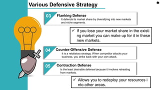 Various Defensive Strategy
03
04
Flanking Defense
It defends its market share by diversifying into new markets
and niche segments.
Counter-Offensive Defense
It is a retaliatory strategy. When competitor attacks your
business, you strike back with your own attack.
05 Contraction Defense
Is the least desirable defense because it involves retreating
from markets.
 If you lose your market share in the existi
ng market you can make up for it in these
new markets.
 Allows you to redeploy your resources i
nto other areas.
 