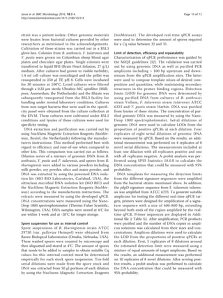 strain was a patient isolate. Other genomic materials
were lysates from bacterial cultures provided by other
researchers as mentioned in the acknowledgements.
Cultivation of these strains was carried out in a BSL3
glove-box. Colonies from B. anthracis, F. tularensis and
Y. pestis were grown on Columbian sheep blood agar
plates and chocolate agar plates. Single colonies were
transferred to liquid BHI (Brain Heart Infusion, 27 g/L)
medium. After cultures had grown to visible turbidity,
1.4 ml cell culture was centrifuged and the pellet was
resuspended in 250 μl TE pH 8. Cells were incubated
for 30 minutes at 100°C. Lysed cultures were filtered
through a 0.22 μm sterile Ultrafree-MC spinfilter (Milli-
pore, Amsterdam, the Netherlands) and the filtrate was
subsequently transported from the BSL3 facility for
handling under normal laboratory conditions. Cultures
from non-target bacteria that were used in the specifi-
city panel were obtained from the culture collection at
the RIVM. These cultures were cultivated under BSL2
conditions and lysates of these cultures were used for
specificity testing.
DNA extraction and purification was carried out by
using NucliSens Magnetic Extraction Reagents (bioMér-
ieux, Boxtel, the Netherlands) following the manufac-
turers instructions. This method performed best with
regard to efficiency and ease-of-use when compared to
other kits. This comparison was carried out as follows.
Dilution series of a mixture of genomic DNA from B.
anthracis, Y. pestis and F. tularensis, and spores from B.
thuringiensis were added to various powders including
milk powder, soy powder, silica and maize powder, and
DNA was extracted by using the powersoil DNA isola-
tion kit (MO BIO Laboratories, Carlsbad, USA), the
ultraclean microbial DNA isolation kit (MO BIO) and
the NucliSens Magnetic Extraction Reagents (bioMér-
ieux) according to the manufacturers instructions. The
extracts were measured by using the developed qPCR.
DNA concentrations were measured using the Nano-
Drop 1000 spectrophotometer (Thermo Fisher Scientific,
Wilmington, USA). DNA samples were stored at 4°C for
use within 1 week and at -20°C for longer storage.
Spore suspension for use as internal control
Spore suspensions of B. thuringiensis strain ATCC
29730 (var. galleriae Heimpel) were obtained from
Raven Biological Laboratories (Omaha, Nebraska, USA).
These washed spores were counted by microscopy and
then aliquotted and stored at 4°C. The amount of spores
that needs to be added to samples to obtain suitable Cq
values for this internal control must be determined
empirically for each stock spore suspension. Ten-fold
serial dilutions were made from the spore stock and
DNA was extracted from 50 μl portions of each dilution
by using the Nuclisens Magnetic Extraction Reagents
(bioMérieux). The developed real-time qPCR assays
were used to determine the amount of spores required
for a Cq value between 32 and 35.
Limit of detection, efficiency and repeatability
Characterization of qPCR performance was guided by
the MIQE guidelines [32]. The validation was carried
out by using genomic DNA as well as purified PCR
amplicons including > 100 bp upstream and down-
stream from the qPCR amplification sites. The latter
were used to compose template mixes of desired com-
position and quantities, while maintaining secondary
structures in the primer binding regions. Detection
limits (LOD) for genomic DNA were determined by
using purified DNA from cultures of B. anthracis
strain Vollum, F. tularensis strain tularensis ATCC
6223 and Y. pestis strain Harbin. DNA was purified
from lysates of these strains. The concentration of pur-
ified genomic DNA was measured by using the Nano-
Drop 1000 spectrophotometer. Serial dilutions of
genomic DNA were used to calculate LODs from the
proportion of positive qPCRs at each dilution. Four
replicates of eight serial dilutions of genomic DNA
were measured by qPCR. Based on the results, an addi-
tional measurement was performed on 4 replicates of 8
novel serial dilutions. The measurements included at
least one dilution with all replicates positive and one
with all replicates negative. A probit analysis was per-
formed using SPSS Statistics 18.0.0 to calculate the
DNA concentration that could be measured with 95%
probability.
DNA templates for measuring the detection limits
from the different signature sequences were amplified
from the bacterial strains mentioned above. In addition,
the pdpD signature sequence from F. tularensis tularen-
sis was amplified from ATCC 6223. To generate suitable
amplicons for testing the different real-time qPCR tar-
gets, primers were designed for amplification of a signa-
ture sequence with a size of 400-800 bp, extending
beyond both ends of the region amplified by the real-
time qPCR. Primer sequences are displayed in Addi-
tional file 2 Table S2. After amplification, PCR products
were purified and the number of DNA copies in ampli-
con solutions was calculated from their sizes and con-
centrations. Amplicon dilutions were used to calculate
the LOD from the proportions of positive qPCRs at
each dilution. First, 5 replicates of 8 dilutions around
the estimated detection limit were measured using a
mixture of equal amounts of target amplicons. Based on
the results, an additional measurement was performed
on 10 replicates of 8 novel dilutions. After scoring posi-
tive results, a probit analysis was performed to calculate
the DNA concentration that could be measured with
95% probability.
Janse et al. BMC Microbiology 2010, 10:314
http://www.biomedcentral.com/1471-2180/10/314
Page 10 of 12
 