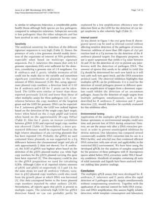 is, similar to subspecies holarctica, a considerable public
health threat although both species are less pathogenic
compared to subspecies tularensis. Subspecies novicida
is less pathogenic than the other subspecies and has
been involved in only a limited number of human cases.
Sensitivity
The analytical sensitivity for detection of the different
signature sequences is very high (Table 2). Hence, the
presence of only a few genomes should enable detec-
tion of the organisms of interest at 95% probability,
especially when based on multicopy signature
sequences. For F. tularensis this means that only 0.3
genomic equivalents (GE) were sufficient for the detec-
tion, considering a genome size of 1.9 megabases. For
B. anthracis and Y. pestis, reliable estimates of GE
could not be made due to the variable and sometimes
significant contribution of plasmids to the total
amount of DNA measured [3,18]. But, using approxi-
mate plasmid copy numbers, a detection limit of 4 GE
for B. anthracis and 6 GE for Y. pestis can be calcu-
lated. The LODs were similar or lower than those
reported previously [13,14] and lower than those of
other multiplex assays for these pathogens [12]. A cor-
relation between the copy numbers of the targeted
genes and the LOD for genomic DNA can be expected.
For F. tularensis gDNA, the LOD was indeed highest
based on the detection of the single-copy fopA target,
lower when based on the 2-copy pdpD and lowest
when based on the approximately 20-copy ISFtu2
(Table 2). Also for Y. pestis, an inverse correlation
between gDNA LOD and expected target copy number
was observed (Table 2). Nevertheless, a more pro-
nounced difference would be expected based on the
high relative abundance of pla carrying plasmids that
has been reported [18]. Probably, the gDNA we used
contained fewer plasmids, as was supported by a Cq
difference between the chromosomal target and pla of
only approximately 2 (data not shown). For B. anthra-
cis, the LOD of gDNA was highest when based on the
detection of the pXO1 plasmid marker cya, while high
copy numbers for the pXO1 plasmid carrying this gene
have been reported [3]. This discrepancy could be due
to the gDNA preparation we used for calculating
LODs. Although Coker et al. reported relative amounts
of pXO1 and pXO2 of respectively 11.5 and 1.6, for
the same strain we used (B. anthracis Vollum), varia-
tion in pXO plasmid copy numbers could also result
from the growth phase at which DNA was harvested
[3]. Our data correspond better to the lower plasmid
copy numbers reported by other authors [29,30].
Nevertheless, all reports agree that pXO1 is present in
multiple copies. The relatively high LOD for gDNA
detection based on cya can probably partly be
explained by a low amplification efficiency near the
detection limit as the LOD for the detection of cya tar-
get amplicons is also relatively high (Table 2).
Internal control
As was shown in Figure 1 the cry1 gene from B. thurin-
giensis spores can be used as internal control without
affecting sensitive detection of the pathogens of interest.
However, addition of more than 200 copies of cry1 per
reaction lead to a Cq increase for the detection of the B.
anthracis plasmid targets. For diagnostic purposes, we
use a spore suspension that yields a Cq value between
32 and 35 for the detection of cry1 to prevent any inter-
ference with the detection of pathogen DNA. The
amount of spores that needs to be added to yield this
Cq should be determined for each new batch as it will
vary with each new spore stock, and the DNA extraction
protocol used. The observed inhibition highlights that
multiplex qPCR can be problematic if it is used for the
detection of mixed pathogens present in different quan-
tities as amplification of targets from a dominant organ-
ism could inhibit the detection of an uncommon
pathogen. Assays for the detection of single targets from
multiple pathogens simultaneously, such as that
described for B. anthracis, F. tularensis and Y. pestis
detection [23], should therefore be carefully evaluated
for this inhibition effect.
Environmental testing
Application of the multiplex qPCR assays directly on
human specimens or environmental samples could save
time and prevent loss of DNA during extraction. How-
ever, we use the assays only after a DNA extraction pro-
tocol, in order to prevent unanticipated inhibition by
diverse matrices. Our laboratory has compared several
commercially available DNA extraction kits for use in a
BSL3 facility, and selected one that combined efficient
DNA extraction with ease-of-use and applicability in the
restricted BSL3 environment. We have been using the
developed qPCRs for the analysis of samples suspected
for the presence of these pathogens with B. thuringiensis
spores added before DNA extraction under BSL3 biosaf-
ety conditions. Hundreds of samples containing all sorts
of solid materials and liquids have been analyzed with-
out yielding false positive readings.
Conclusion
The multiplex qPCR assays that were developed for B.
anthracis, F. tularensis and Y. pestis allow the rapid
detection of 3 pathogen-specific targets simultaneously
without compromising sensitivity. Together with the
application of an internal control for both DNA extrac-
tion and DNA amplification, this assures highly reliable
detection, while template consumption and laboratory
Janse et al. BMC Microbiology 2010, 10:314
http://www.biomedcentral.com/1471-2180/10/314
Page 7 of 12
 