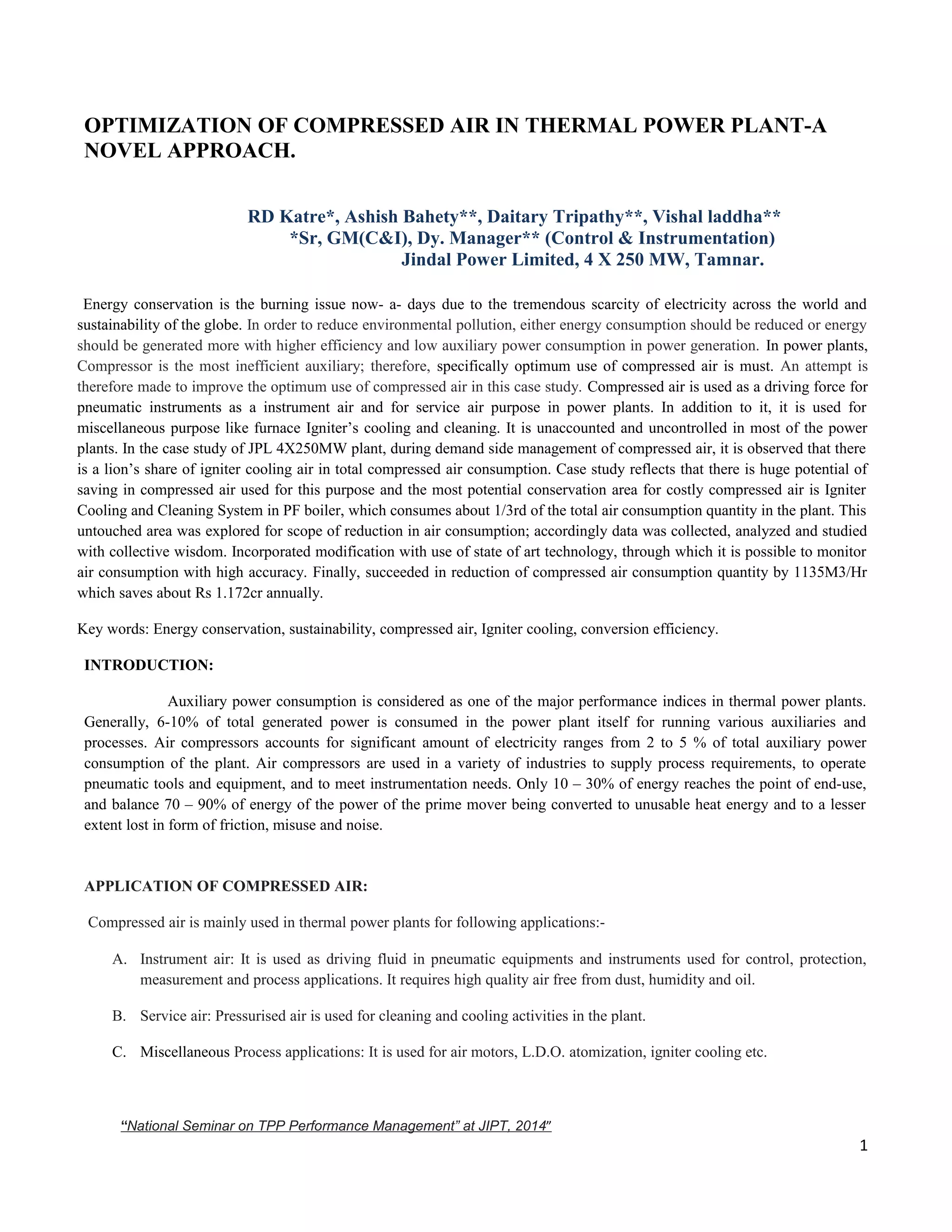 OPTIMIZATION OF COMPRESSED AIR IN THERMAL POWER PLANT-A NOVEL STUDY | DOC