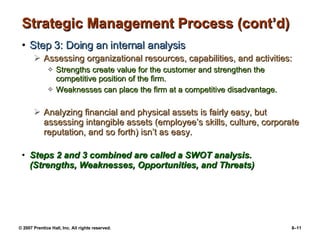 Strategic Management Process (cont’d) Step 3: Doing an internal analysis Assessing organizational resources, capabilities, and activities: Strengths create value for the customer and strengthen the competitive position of the firm. Weaknesses can place the firm at a competitive disadvantage. Analyzing financial and physical assets is fairly easy, but assessing intangible assets (employee’s skills, culture, corporate reputation, and so forth) isn’t as easy. Steps 2 and 3 combined are called a SWOT analysis. (Strengths, Weaknesses, Opportunities, and Threats) 