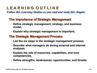 L E A R N I N G  O U T L I N E  Follow this Learning Outline as you read and study this chapter. The Importance of Strategic Management Define strategic management, strategy, and business model. Explain why strategic management is important. The Strategic Management Process List the six steps in the strategic management process. Describe what managers do during external and internal analyses. Explain the role of resources, capabilities, and core competencies. Define strengths, weaknesses, opportunities, and threats. 