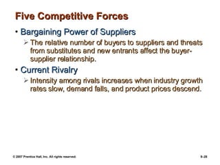 Five Competitive Forces Bargaining Power of Suppliers The relative number of buyers to suppliers and threats from substitutes and new entrants affect the buyer-supplier relationship. Current Rivalry Intensity among rivals increases when industry growth rates slow, demand falls, and product prices descend. 