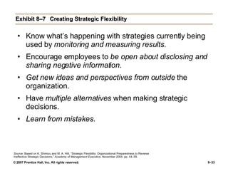 Exhibit 8–7 Creating Strategic Flexibility Know what’s happening with strategies currently being used by  monitoring and measuring results . Encourage employees to  be open about disclosing and sharing negative information . Get new ideas and perspectives from outside  the organization. Have  multiple alternatives  when making strategic decisions. Learn from mistakes . Source:  Based on K. Shimizu and M. A. Hitt, “Strategic Flexibility: Organizational Preparedness to Reverse Ineffective Strategic Decisions,”  Academy of Management Executive , November 2004, pp. 44–59. 