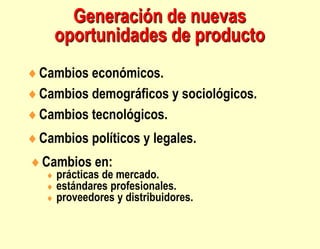 Generación de nuevas
oportunidades de producto
Cambios económicos.
Cambios demográficos y sociológicos.
Cambios tecnológicos.
Cambios políticos y legales.
Cambios en:
 prácticas de mercado.
 estándares profesionales.
 proveedores y distribuidores.
 