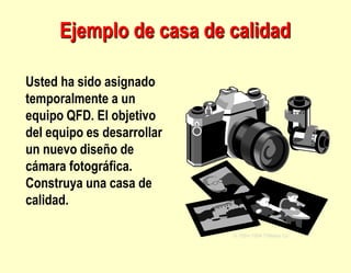 Usted ha sido asignado
temporalmente a un
equipo QFD. El objetivo
del equipo es desarrollar
un nuevo diseño de
cámara fotográfica.
Construya una casa de
calidad.
© 1984-1994 T/Maker Co.
Ejemplo de casa de calidad
 