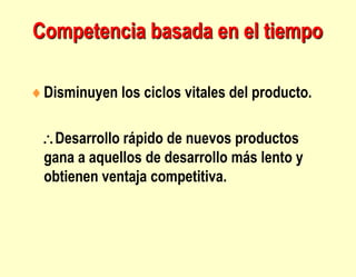 Competencia basada en el tiempo
Disminuyen los ciclos vitales del producto.
Desarrollo rápido de nuevos productos
gana a aquellos de desarrollo más lento y
obtienen ventaja competitiva.
 