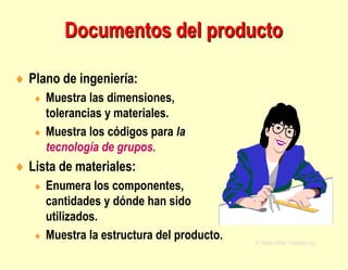  Plano de ingeniería:
 Muestra las dimensiones,
tolerancias y materiales.
 Muestra los códigos para la
tecnología de grupos.
 Lista de materiales:
 Enumera los componentes,
cantidades y dónde han sido
utilizados.
 Muestra la estructura del producto. © 1984-1994 T/Maker Co.
Documentos del producto
 