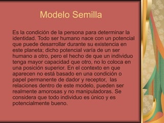 Modelo Semilla
Es la condición de la persona para determinar la
identidad. Todo ser humano nace con un potencial
que puede...
