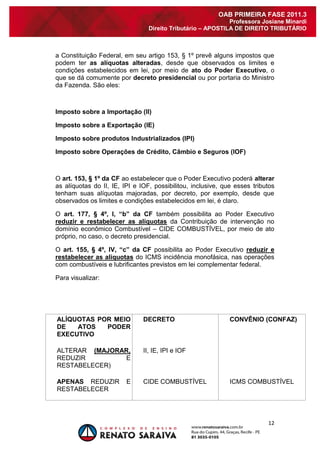 12 
OAB PRIMEIRA FASE 2011.3 
Professora Josiane Minardi 
Direito Tributário – APOSTILA DE DIREITO TRIBUTÁRIO 
a Constituição Federal, em seu artigo 153, § 1º prevê alguns impostos que podem ter as alíquotas alteradas, desde que observados os limites e condições estabelecidos em lei, por meio de ato do Poder Executivo, o que se dá comumente por decreto presidencial ou por portaria do Ministro da Fazenda. São eles: Imposto sobre a Importação (II) Imposto sobre a Exportação (IE) Imposto sobre produtos Industrializados (IPI) Imposto sobre Operações de Crédito, Câmbio e Seguros (IOF) O art. 153, § 1º da CF ao estabelecer que o Poder Executivo poderá alterar as alíquotas do II, IE, IPI e IOF, possibilitou, inclusive, que esses tributos tenham suas alíquotas majoradas, por decreto, por exemplo, desde que observados os limites e condições estabelecidos em lei, é claro. O art. 177, § 4º, I, “b” da CF também possibilita ao Poder Executivo reduzir e restabelecer as alíquotas da Contribuição de intervenção no domínio econômico Combustível – CIDE COMBUSTÍVEL, por meio de ato próprio, no caso, o decreto presidencial. O art. 155, § 4º, IV, “c” da CF possibilita ao Poder Executivo reduzir e restabelecer as alíquotas do ICMS incidência monofásica, nas operações com combustíveis e lubrificantes previstos em lei complementar federal. Para visualizar: 
ALÍQUOTAS POR MEIO DE ATOS PODER EXECUTIVO 
DECRETO 
CONVÊNIO (CONFAZ) 
ALTERAR (MAJORAR, REDUZIR E RESTABELECER) 
II, IE, IPI e IOF 
APENAS REDUZIR E RESTABELECER 
CIDE COMBUSTÍVEL 
ICMS COMBUSTÍVEL 
 