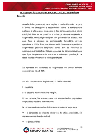 38 
OAB PRIMEIRA FASE 2011.3 
Professora Josiane Minardi 
Direito Tributário – APOSTILA DE DIREITO TRIBUTÁRIO 
10. SUSPENSÃO DA EXIGIBILIDADE DO CRÉDITO TRIBUTÁRIO 
Conceito 
Através do lançamento se torna exigível o credito tributário. Lançado o tributo ou antecipado o recolhimento sujeito a homologação, praticado o fato gerador e superada a data para pagamento, o tributo é exigível. Mas se se questiona a cobrança, deve-se suspender a exigibilidade. O tributo já é exigível, tem grau médio de eficácia, mas para frear a atividade da administração fazendária, deve-se questionar a dívida. Para isso têm-se as hipóteses de suspensão da exigibilidade: proteção temporária contra atos de cobrança da autoridade administrativa. Requer-se ao juiz ou administrativamente que fique temporariamente suspensa a cobrança; paralisação de todos os atos direcionado à execução forçada. As hipóteses de suspensão da exigibilidade do crédito tributário encontram-se no art. 151: Art. 151. Suspendem a exigibilidade do crédito tributário: I - moratória; II - o depósito do seu montante integral; III - as reclamações e os recursos, nos termos das leis reguladoras do processo tributário administrativo; 
IV - a concessão de medida liminar em mandado de segurança. 
V – a concessão de medida liminar ou de tutela antecipada, em outras espécies de ação judicial; 
VI – o parcelamento.  