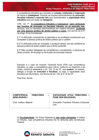 5 
OAB PRIMEIRA FASE 2011.3 
Professora Josiane Minardi 
Direito Tributário – APOSTILA DE DIREITO TRIBUTÁRIO 
A competência tributária que consiste na criação, instituição e majoração de tributo é indelegável. Contudo as funções administrativas de arrecadar, fiscalizar tributos e executar leis que compreendem a capacidade ativa tributária essa sim pode ser delegável. CTN - Art. 7º - A competência tributária é indelegável, salvo atribuição das funções de arrecadar ou fiscalizar tributos, ou de executar leis, serviços, atos ou decisões administrativas em matéria tributária, conferida por uma pessoa jurídica de direito público a outra, nos termos do § 3º do artigo 18 da Constituição. § 1º A atribuição compreende as garantias e os privilégios processuais que competem à pessoa jurídica de direito público que a conferir. § 2º A atribuição pode ser revogada, a qualquer tempo, por ato unilateral da pessoa jurídica de direito público que a tenha conferido. § 3º Não constitui delegação de competência o cometimento, a pessoas de direito privado, do encargo ou da função de arrecadar tributos Exemplo é o caso do Imposto Territorial Rural (ITR) cuja competência tributária, ou seja, a competência para criá-lo, institui-lo ou majorá-lo é da União, conforme estabelece o art. 153, VI da CF, que poderá, no entanto, delegar a função de arrecadar e fiscalizar, ou seja, a capacidade ativa tributária aos Municípios, nos termos do art. 153, § 4º, III da CF. Para fixar, temos: 
COMPETÊNCIA TRIBUTÁRIA – INDELEGÁVEL! 
CAPACIDADE ATIVA TRIBUTÁRIA – PODE SER DELEGÁVEL 
Criar, instituir, Majorar 
Arrecadar, Fiscalizar Tributos e Executar Leis 
b) Facultatividade: Os Entes Federativos não estão obrigados a instituir os tributos, cuja competência tributária lhe foi atribuída pela Constituição Federal.  