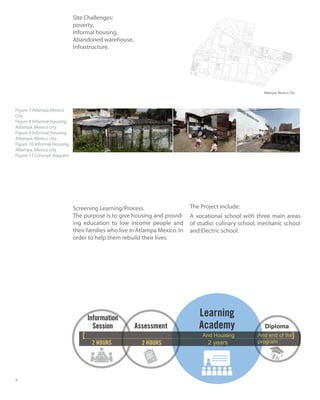 4
Site Challenges:
poverty,
Informal housing,
Abandoned warehouse,
Infrastructure.
Screening Learning/Process
The purpose is to give housing and provid-
ing education to low income people and
their families who live in Atlampa Mexico. In
order to help them rebuild their lives.
The Project include:
A vocational school with three main areas
of studio: culinary school, mechanic school
and Electric school.
Figure 7 Atlampa Mexico
City.
Figure 8 Informal Housing,
Atlampa, Mexico city.
Figure 9 Informal Housing,
Atlampa, Mexico city.
Figure 10 Informal Housing,
Atlampa, Mexico city.
Figure 11 Concept diagram.
 