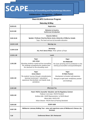 Heart-SCAPE Conference Program
Saturday 24 May
8.00-8.45 Registration
8.45-9.00
Welcome to Country
Conference Introduction
9.00-10.30
Keynote Address
Speaker: Professor Emeritus Ronna Jevne, University of Alberta, Canada
Topic: The heart and soul of counsellor education
10.30-11.00 Morning tea
11.00-12.30
Workshop
Ass. Prof. Denis O’Hara: Three spheres of hope
12.30-1.30 Lunch
1.30-2.00
Paper
John Arber
Educating students in grief and loss counselling:
The challenge of preparing the students from
the classroom to the counselling room.
Paper
Ann McDonald
The Cycle of Caring and its contribution to the
training of counsellors and psychotherapists.
2.00-2.30
Paper
Jenny Coburn
The students’ journey through a transformative
learning environment – educational
experiences that facilitate and impede study
persistence.
Paper
Dr Mark Pearson
Development of student self-awareness
through an eight-week mindfulness practice
and challenge.
2.30-3.00 Afternoon Tea
3.00-4.30
Panel: PACFA, Counsellor Education and the Regulatory Context
Professor Ione Lewis: PACFA President
Andrew Little: SCAPE Representative to PACFA Board
Maria Brett: PACFA CEO
Alison Strasser: PACFA Chair of Training Standards
5.00-6.00 SCAPE AGM
6.00-7.00
Melbourne Laneway Walking Tour: come and experience some of Melbourne’s famous city
laneways
7.30 Conference Dinner: Zio’s Restaurant
SCAPESociety of Counselling and Psychotherapy Educators
Collaboration •Recognition • Influence
 