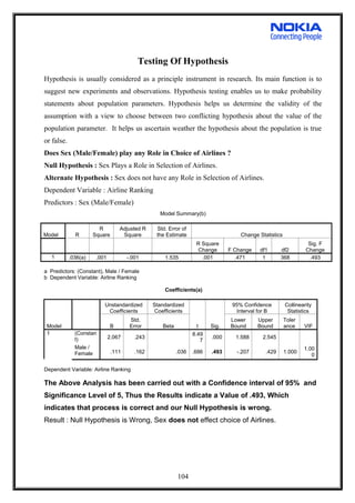 Testing Of Hypothesis
Hypothesis is usually considered as a principle instrument in research. Its main function is to
suggest new experiments and observations. Hypothesis testing enables us to make probability
statements about population parameters. Hypothesis helps us determine the validity of the
assumption with a view to choose between two conflicting hypothesis about the value of the
population parameter. It helps us ascertain weather the hypothesis about the population is true
or false.
Does Sex (Male/Female) play any Role in Choice of Airlines ?
Null Hypothesis : Sex Plays a Role in Selection of Airlines.
Alternate Hypothesis : Sex does not have any Role in Selection of Airlines.
Dependent Variable : Airline Ranking
Predictors : Sex (Male/Female)
Model Summary(b)
Model R
R
Square
Adjusted R
Square
Std. Error of
the Estimate Change Statistics
R Square
Change F Change df1 df2
Sig. F
Change
1 .036(a) .001 -.001 1.535 .001 .471 1 368 .493
a Predictors: (Constant), Male / Female
b Dependent Variable: Airline Ranking
Coefficients(a)
Model
Unstandardized
Coefficients
Standardized
Coefficients
t Sig.
95% Confidence
Interval for B
Collinearity
Statistics
B
Std.
Error Beta
Lower
Bound
Upper
Bound
Toler
ance VIF
1 (Constan
t) 2.067 .243
8.49
7
.000 1.588 2.545
Male /
Female .111 .162 .036 .686 .493 -.207 .429 1.000
1.00
0
Dependent Variable: Airline Ranking
The Above Analysis has been carried out with a Confidence interval of 95% and
Significance Level of 5, Thus the Results indicate a Value of .493, Which
indicates that process is correct and our Null Hypothesis is wrong.
Result : Null Hypothesis is Wrong, Sex does not effect choice of Airlines.
104
 