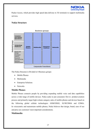 Packet Access, which provides high speed data delivery to 3G terminals to support multimedia
services.
Nokia Structure
The Nokia Structure is Divided in 4 Business groups:
• Mobile Phones
• Multimedia
• Enterprise Solutions
• Networks
Mobile Phones
Mobile Phones connects people by providing expanding mobile voice and data capabilities
across a wide range of mobile devices. Nokia seeks to put consumers first in product-creation
process and primarily target high-volume category sales of mobile phones and devices based on
the following global cellular technologies: GSM/EDGE, 3G/WCDMA and CDMA.
In voicecentric and mainstream mobile phones, Nokia believes that design, brand, ease of use
and price are customers' most important considerations.
Multimedia
17
 