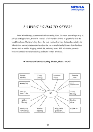2.3 WHAT 3G HAS TO OFFER?
With 3G technology, communication is becoming richer. 3G opens up to a large array of
services and applications, from rich seamless call to wireless internet at speed faster than the
wired broadband. The table below shows the wide variety of services that can be availed with
3G and there are much more related services that can be availed and which are linked to these
features such as mobile blogging, mobile TV, and many more. With 3G we also get faster
business connectivity, faster streaming and faster content download.
“Communication is becoming Richer , thanks to 3G”
3G
Browse
Internet
Messaging
Share Pic,
Music, Video
Video
Sharing
Interactive
3D Gaming
Push to
Talk
Access
corporate email
Video
Sharing
Push to
show
Rich Call
Video
Calling
Seamless
Voice
Mobile
meeting
Ring tones,
games DL
43
 