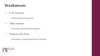 Weaknesses
• CAT exposure
Volatile underwriting results
• A&E exposure
Continuous unfavorable development
• Property-only focus
Contributes to undiversified book of business
 