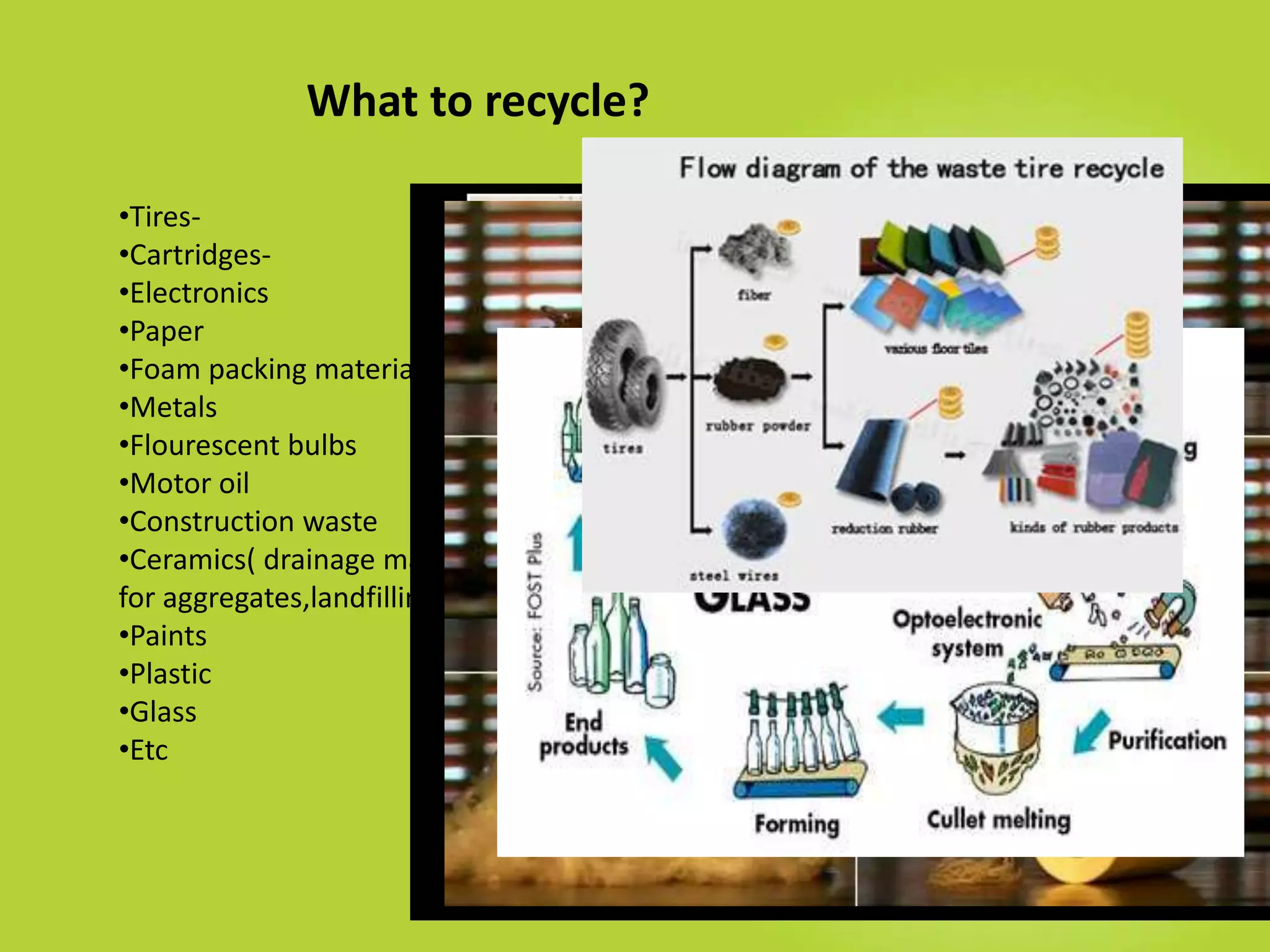 What to recycle?
•Tires-
•Cartridges-
•Electronics
•Paper
•Foam packing material
•Metals
•Flourescent bulbs
•Motor oil
•Construction waste
•Ceramics( drainage materials, rock base for driveways or as composite material
for aggregates,landfilling)
•Paints
•Plastic
•Glass
•Etc
 