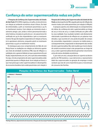 agosto 2014 • Acontece APAS 21
Confiança do setor supermercadista reduz em julho
A Pesquisa de Confiança dos Supermercados do Estado
de São Paulo (PCS/APAS) registrou, em julho, 5% de otimismo
em relação ao ambiente econômico atual e futuro. Do total
de entrevistados, 52,8% se mostraram pessimistas e 42,1%
se mantiveram neutros. Com relação ao momento atual, o
otimismo atingiu 1,9%, sendo o menor percentual de toda a
série histórica, iniciada em junho de 2011. Já o pessimismo foi
verificado em 59,1% dos respondentes e 39% se mostraram
neutros. No que diz respeito à expectativa em relação ao futuro,
8,1% apontaram otimismo, enquanto 46,6% se mostraram
pessimistas e 45,3% se mantiveram neutros.
Os destaques para esse comportamento de falta de con-
fiança foram as avaliações em relação ao otimismo quanto
aos níveis de atividade econômica (PIB), taxa de inflação e a
satisfação com o governo federal, em que o pessimismo foi veri-
ficado, respectivamente, em 77%, 77% e 92% dos entrevistados.
Ou seja, 77% dos empresários do setor supermercadista estão
pessimistas quanto à inflação atual. Já em relação ao futuro, o
que mais preocupa o setor supermercadista é o desempenho
da economia brasileira (62% estão pessimistas com relação à
PesquisadeConfiançadosSupermercadosdoEstadodeSão
PauloaodesempenhodoPIB),seguidopelataxadeinflação(do
mesmo modo, 62% estão pessimistas com relação à inflação).
A pesquisa aponta uma deterioração no comportamento
do indicar de confiança do setor supermercadista ao longo
de 2013 e início de 2014, e o dado verificado em julho refle-
tiu essa realidade. Esse resultado também está diretamente
relacionado à persistência da inflação em um patamar mais
elevado, o que acarreta em uma perda do poder de compra
do consumidor, impactando o consumo no médio prazo, e,
consequentemente, impactando no desempenho das vendas
do setor supermercadista. Mas vale ressaltar que mesmo diante
do cenário econômico atual e das perspectivas ao longo de
2014, o setor supermercadista deverá apresentar crescimento
acima de outras atividades econômicas.
E, por mais um ano, a atuação deve ser superior ao desem-
penho do PIB brasileiro, o que demonstra a representativi-
dade dos supermercados na geração de emprego e renda,
variáveis que são de suma importância para a manutenção
do consumo das famílias.
*Rodrigo Mariano, departamento de Economia e Pesquisa da Associação Paulista de Supermercados (APAS)
INDICADORES
Pesquisa de Confiança dos Supermercados - Índice Geral
jun/11jul/11ago/11set/11out/11nov/11dez/11jan/12fev/12m
ar/12abr/12m
ai/12jun/12jul/12ago/12set/12out/12nov/12dez/12jan/13fev/13m
ar/13abr/13m
ai/13jun/13jul/13ago/13set/13out/13nov/13dez/13jan/14fev/14m
ar/14abr/14m
ai/14abr/14m
ai/14
0%
10%
20%
30%
40%
50%
60%
Otimismo Pessimismo
29%
40%
5%
53%
 