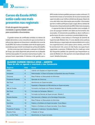8 Acontece APAS • agosto 2014
DIRETORIAS | T&D
Cursos da Escola APAS
estão cada vez mais
presentes nas regionais
O mês de agosto traz grandes
novidades e oportunidades valiosas
para associados e funcionários
O grande número de certificados emitidos no interior do
estado demonstra a curva crescente em que se encontram os
esforçosdasregionaisemdisseminarocalendáriodecursosda
EscolaAPAS.Sãomuitasasnovidadesnestemêsdeagostoparao
associadoquequerinvestirnaevoluçãodasuaforçadetrabalho.
Um dos cursos que mais chamaram a atenção é o Dinâmica
de Grupo, que estará disponível pela primeira vez na Baixada
Santista (veja quadro).Ocursotevenoveturmasemjulho–174
pessoas foram capacitadas. O interesse é tão grande, que a
APASrecebeinúmerospedidosparaqueasaulascontinuem.“O
treinamento ensina os funcionários de recursos humanos dos
supermercadosausarmelhorasdinâmicasdegrupo.Depoisdo
curso eles terão mais informações para escolher o funcionário
quetemomelhorperfilparaocuparavaga”,afirmaodiretorde
TreinamentoeDesenvolvimentodaAPAS,PedroCelsoGonçalves.
A regional do Vale do Paraíba também terá novidade. O
curso de açougue também será dado aos funcionários dos
associados. O treinamento possibilita ao aluno melhorar a
performance do setor e aumentar a produtividade da loja.
Já em Marília, a boa notícia é a Formação de Gerente de
Supermercado Módulo Dois. O curso aborda várias práticas,
desde liderança e negociação até empreendedorismo e estru-
tura organizacional e como operar vários setores, como FLV.
“Já aconteceram três cursos em São Paulo, nos quais foram
capacitadas 74 pessoas. O Módulo Dois foi criado por conta
dos frequentes pedidos dos gerentes que frequentaram as
aulas do Módulo Um. Eles queriam uma especialização ainda
maior”, detalha Gonçalves.
QUADRO CURSOS ESCOLA APAS – AGOSTO
Fique de olho na agenda e matricule o seu funcionário
Regional Data Curso
Osasco 5 Lidando com Equipes em Supermercados
Araçatuba 6 Padronização: A Chave do Sucesso na Exposição dos seus Produtos
Campinas 6 Boas Práticas na Manipulação de Alimentos
Presidente Prudente 6 Operação de Check-out
São Paulo 6 Atendimento em Supermercados
Sul 7 Exposição e Reposição de Mercadorias em Supermercados
Vale do Paraíba 7 Formando uma Equipe com Postura Vendedora
São Paulo 12 Formação de Cartazista: Módulo II
ABC 12 Formação de Gerente de Supermercado: Módulo II
Baixada Santista 19 Recrutamento e Seleção como Estratégia Corporativa
Bauru 12 Boas Práticas na Manipulação de Alimentos
Guarulhos 12 Padaria e Confeitaria de Supermercados: Curso Básico
Marília 12 Padaria e Confeitaria de Supermercados: Curso Básico
Presidente Prudente 12 Motivação e Liderança: Conceitos Básicos
Ribeirão Preto 12 A Gestão do Tempo
S. J. do Rio Preto 12 Atendimento em Supermercados
 