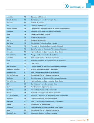 agosto 2014 • Acontece APAS 9
DIRETORIAS | T&D
Araçatuba 13 Operação de Check-out
Baixada Santista 13 Estratégias para uma Comunicação Eficaz
Sorocaba 13 Controle do Estresse
Sul 13 Operação de Check-out
Baixada Santista 14 Dinâmicas de Grupo para Seleção de Pessoal e Treinamentos
Campinas 14 Formando uma Equipe com Postura Vendedora
Leste 14 Gestão Tributária em Compras
ABC 19 Operação de Check-out
Bauru 19 Operação de Check-out
Guarulhos 19 Comunicação Funcional no Supermercado
Marília 19 Formação de Gerente de Supermercado: Módulo II
Osasco 19 Como Aumentar os Resultados Administrando Despesas
Sorocaba 19 Higiene e Saúde em Supermercados: Curso Básico
Vale do Paraíba 19 Açougue em Supermercados: Curso Básico
Araçatuba 20 Comunicação Escrita e Redação Empresarial
Leste 20 Padaria e Confeitaria de Supermercados: Curso Básico
Sul 20 Líder Coach
Vale do Paraíba 20 Como Aumentar os Resultados Administrando Despesas
Presidente Prudente 21 Açougue em Supermercados: Curso Básico
Ribeirão Preto 21 Boas Práticas na Manipulação de Alimentos
S. J. do Rio Preto 21 Comunicação Escrita e Redação Empresarial
São Paulo 21 Como Aumentar os Resultados Administrando Despesas
Vale do Paraíba 21 Higiene e Saúde em Supermercados: Curso Básico
ABC 26 Estratégias para uma Comunicação Eficaz
Bauru 26 Atendimento em Supermercados
Guarulhos 26 Prevenção de Perdas em Supermercados
Osasco 26 Formando uma Equipe com Postura Vendedora
S. J. do Rio Preto 26 Exposição e Reposição de Mercadorias em Supermercados
Sorocaba 28 Lidando com Equipes em Supermercados
Araçatuba 27 Frios e Laticínios em Supermercados: Curso Básico
Marília 27 Empacotador de Mercadorias
São Paulo 27 Higiene e Saúde em Supermercados: Curso Básico
Leste 28 Comunicação Escrita e Redação Empresarial
Ribeirão Preto 28 Lidando com Equipes em Supermercados
 