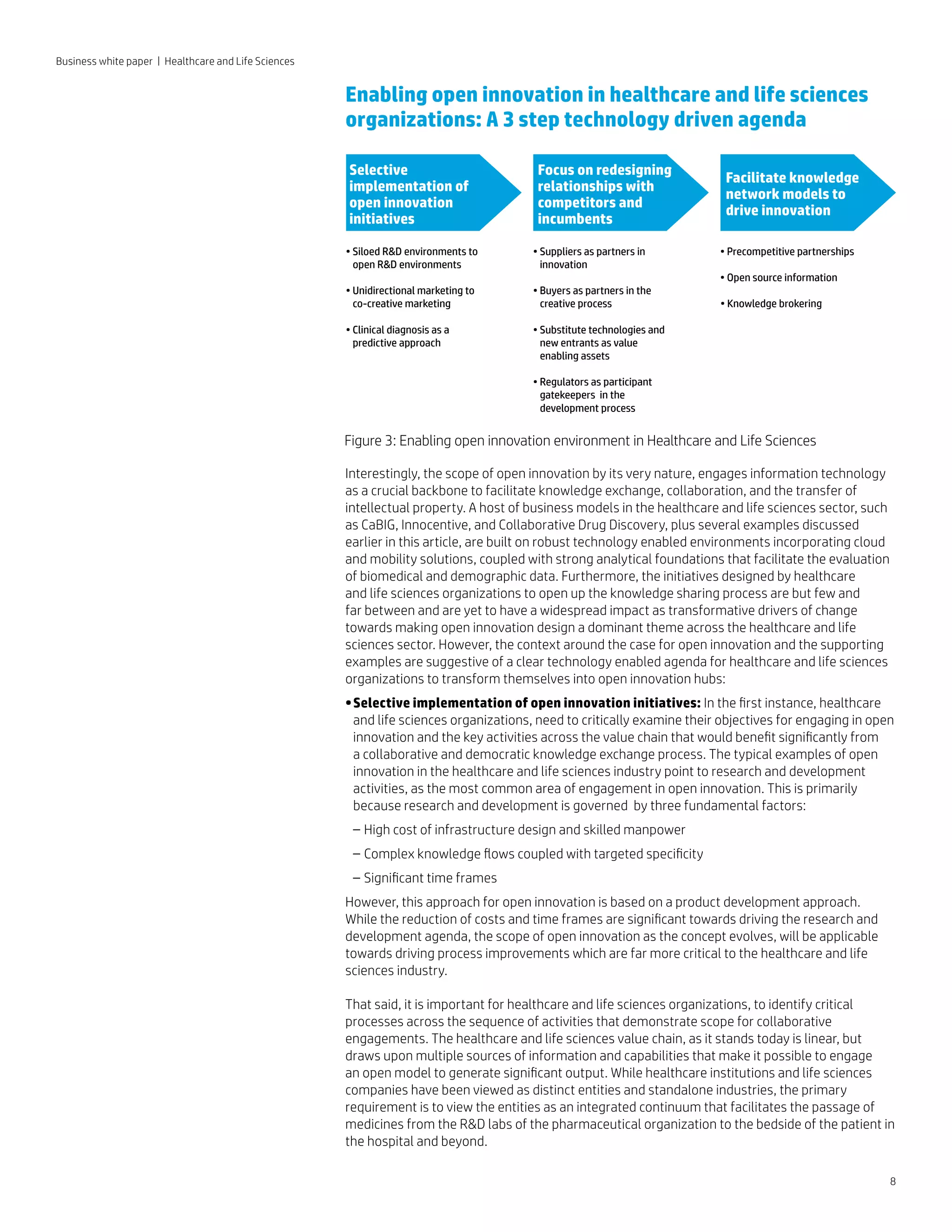 • Siloed RD environments to
open RD environments
• Unidirectional marketing to
co-creative marketing
• Clinical diagnosis as a
predictive approach
• Suppliers as partners in
innovation
• Buyers as partners in the
creative process
• Substitute technologies and
new entrants as value
enabling assets
• Regulators as participant
gatekeepers in the
development process
• Precompetitive partnerships
• Open source information
• Knowledge brokering
Focus on redesigning
relationships with
competitors and
incumbents
Selective
implementation of
open innovation
initiatives
Facilitate knowledge
network models to
drive innovation
Figure 3: Enabling open innovation environment in Healthcare and Life Sciences
8
Business white paper | Healthcare and Life Sciences
Enabling open innovation in healthcare and life sciences
organizations: A 3 step technology driven agenda
Interestingly, the scope of open innovation by its very nature, engages information technology
as a crucial backbone to facilitate knowledge exchange, collaboration, and the transfer of
intellectual property. A host of business models in the healthcare and life sciences sector, such
as CaBIG, Innocentive, and Collaborative Drug Discovery, plus several examples discussed
earlier in this article, are built on robust technology enabled environments incorporating cloud
and mobility solutions, coupled with strong analytical foundations that facilitate the evaluation
of biomedical and demographic data. Furthermore, the initiatives designed by healthcare
and life sciences organizations to open up the knowledge sharing process are but few and
far between and are yet to have a widespread impact as transformative drivers of change
towards making open innovation design a dominant theme across the healthcare and life
sciences sector. However, the context around the case for open innovation and the supporting
examples are suggestive of a clear technology enabled agenda for healthcare and life sciences
organizations to transform themselves into open innovation hubs:
•	Selective implementation of open innovation initiatives: In the first instance, healthcare
and life sciences organizations, need to critically examine their objectives for engaging in open
innovation and the key activities across the value chain that would benefit significantly from
a collaborative and democratic knowledge exchange process. The typical examples of open
innovation in the healthcare and life sciences industry point to research and development
activities, as the most common area of engagement in open innovation. This is primarily
because research and development is governed by three fundamental factors:
–– High cost of infrastructure design and skilled manpower
–– Complex knowledge flows coupled with targeted specificity
–– Significant time frames
However, this approach for open innovation is based on a product development approach.
While the reduction of costs and time frames are significant towards driving the research and
development agenda, the scope of open innovation as the concept evolves, will be applicable
towards driving process improvements which are far more critical to the healthcare and life
sciences industry.
That said, it is important for healthcare and life sciences organizations, to identify critical
processes across the sequence of activities that demonstrate scope for collaborative
engagements. The healthcare and life sciences value chain, as it stands today is linear, but
draws upon multiple sources of information and capabilities that make it possible to engage
an open model to generate significant output. While healthcare institutions and life sciences
companies have been viewed as distinct entities and standalone industries, the primary
requirement is to view the entities as an integrated continuum that facilitates the passage of
medicines from the RD labs of the pharmaceutical organization to the bedside of the patient in
the hospital and beyond.
 