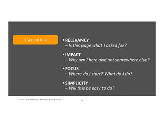 ©2012	
  Erik	
  R	
  Peterson	
  	
  -­‐	
  #convcon	
  @epeterson237	
   29	
  
5	
  Second	
  Rule	
    RELEVANCY	
  	
  
–	
  Is	
  this	
  page	
  what	
  I	
  asked	
  for?	
  
 IMPACT	
  	
  
–	
  Why	
  am	
  I	
  here	
  and	
  not	
  somewhere	
  else?	
  
 FOCUS	
  	
  
–	
  Where	
  do	
  I	
  start?	
  What	
  do	
  I	
  do?	
  
 SIMPLICITY	
  	
  
–	
  Will	
  this	
  be	
  easy	
  to	
  do?	
  
 