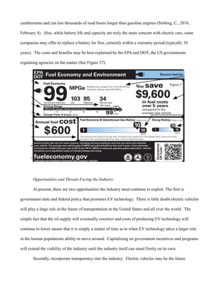 cumbersome and can last thousands of road hours longer than gasoline engines (Stobing, C., 2016,
February 4). Also, while battery life and capacity are truly the main concern with electric cars, some
companies may offer to replace a battery for free, certainly within a warranty period (typically 10
years). The costs and benefits may be best explained by the EPA and DOT, the US governments
regulating agencies on the matter (See Figure 27).
Opportunities and Threats Facing the Industry
At present, there are two opportunities the industry must continue to exploit. The first is
government state and federal policy that promotes EV technology. There is little doubt electric vehicles
will play a large role in the future of transportation in the United States and all over the world. The
simple fact that the oil supply will eventually constrict and costs of producing EV technology will
continue to lower means that it is simply a matter of time as to when EV technology takes a larger role
in the human populations ability to move around. Capitalizing on government incentives and programs
will extend the viability of the industry until the industry itself can stand firmly on its own.
Secondly, incorporate transparency into the industry. Electric vehicles may be the future
 