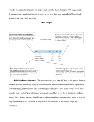 available for each dollar of current liabilities, which currently stands at roughly 0.49, suggesting the
firm does not have an adequate supply of money to cover its short term needs (Tesla Motors Stock
Scanner NASDAQ., 2016, April 21)
Debt Analysis
Debt Breakdown Summary: The numbers are not very good for Tesla in this section. Interest
coverage indicates an inability to pay on outstanding debt, interest expense has increased significantly
over the last year, and the current ratio is on the negative end of the scale. Some of these issues make
sense for a start up, but Tesla is taking on serious debt loads likely to pay for its Gigafactory and new
product lines. Serious revenues should be expected from sales but company strategy seems to focus on
long term sales of Model 3 vehicles. Competitors in the market are in much better shape, by
comparison.
 