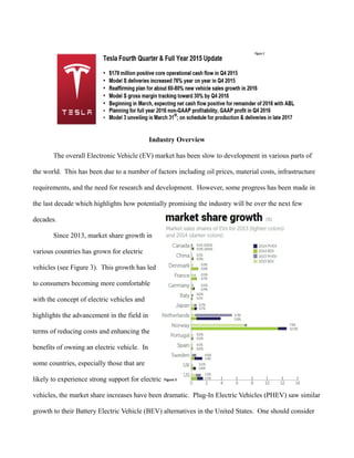 Industry Overview
The overall Electronic Vehicle (EV) market has been slow to development in various parts of
the world. This has been due to a number of factors including oil prices, material costs, infrastructure
requirements, and the need for research and development. However, some progress has been made in
the last decade which highlights how potentially promising the industry will be over the next few
decades.
Since 2013, market share growth in
various countries has grown for electric
vehicles (see Figure 3). This growth has led
to consumers becoming more comfortable
with the concept of electric vehicles and
highlights the advancement in the field in
terms of reducing costs and enhancing the
benefits of owning an electric vehicle. In
some countries, especially those that are
likely to experience strong support for electric
vehicles, the market share increases have been dramatic. Plug-In Electric Vehicles (PHEV) saw similar
growth to their Battery Electric Vehicle (BEV) alternatives in the United States. One should consider
 