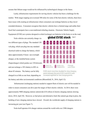 assume that lithium usage would not be influenced by technological changes in the future.
Lastly, infrastructure requirements for serving electric vehicles has been a challenge for the
market. With ranges topping out at around 300 miles for some of the best electric vehicles, there have
been issues with creating an infrastructure where consumers can recharge batteries as they travel
extended distances. Consumers recognize that electric vehicles have a limited range and unlike their
fossil fuel counterparts have a non-traditional refueling situation. Electronic Vehicle Supply
Equipment (EVSE) are systems designed to refuel (recharge) car batteries in the home or on the road.
Tesla vehicles can currently charge via
two different types of plugs. The standard 120
volt plug, which can plug into any standard
electrical outlet to charge the battery, which
takes approximately 8 hours (an overnight
charge), or the installed home system
(Supercharger) which pushes out 130 kilowatts
and can recharge a 10% battery to 80% in
about 45 minutes. The battery can be fully
charged in as little as one hour, depending on
the battery and other environmental conditions (Bloomfield, N., 2016, April 12).
Infrastructure (recharging stations) needed to support fleets of electric cars will be needed in
order to ensure consumers can drive past the ranges of their electric vehicles. In 2014, there were
approximately 9800 charging stations nationwide (US rollout of electric charging stations slowing
down, 2014, April 30). However, as fuel prices and alternative fuels like natural gas drop in price, the
building of new charging stations have slowed . Overall, the worldwide supply of charging stations is
increasing per year (see Figure 7).
Tesla itself operates 616 charger stations around the world with over 3500 chargers
 